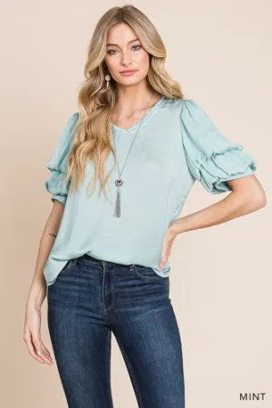 Mint Washed Cotton V Neck Bubble Sleeve Blouse