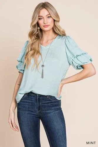 Mint Washed Cotton V Neck Bubble Sleeve Blouse