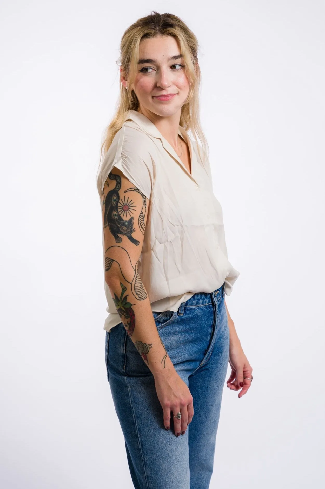 Miou Muse Button Down Cap Sleeve Shirts - Cream