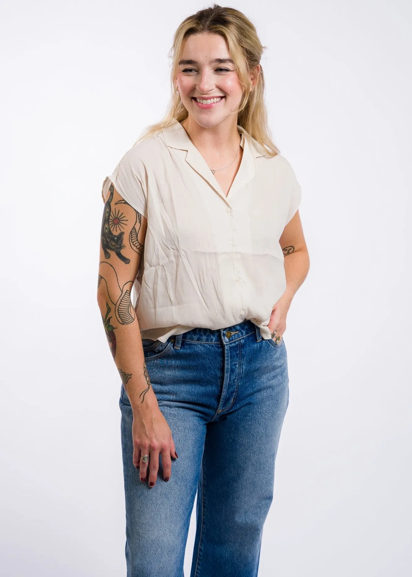 Miou Muse Button Down Cap Sleeve Shirts - Cream