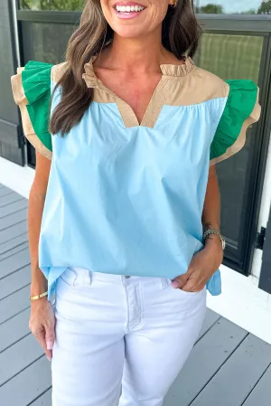 Mist Blue Colorblock Ruffled Sleeve Frill V Neck Blouse