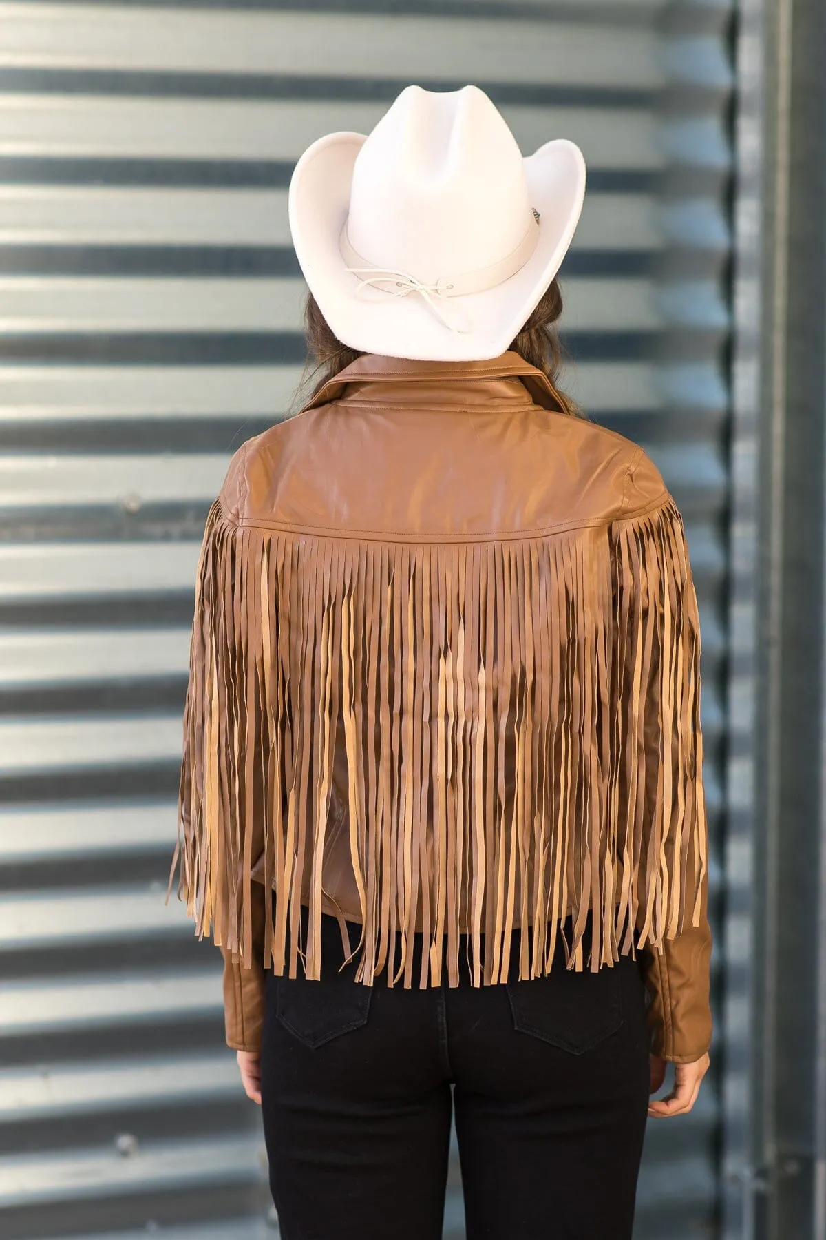 Mocha Faux Leather Jacket With Fringe