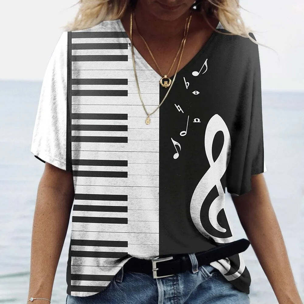 Music Piano Women Shirt V-neck Oversized Pullover