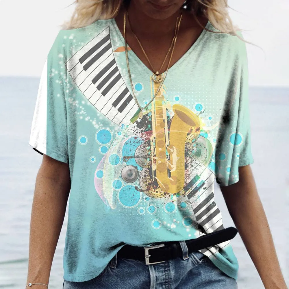 Music Piano Women Shirt V-neck Oversized Pullover