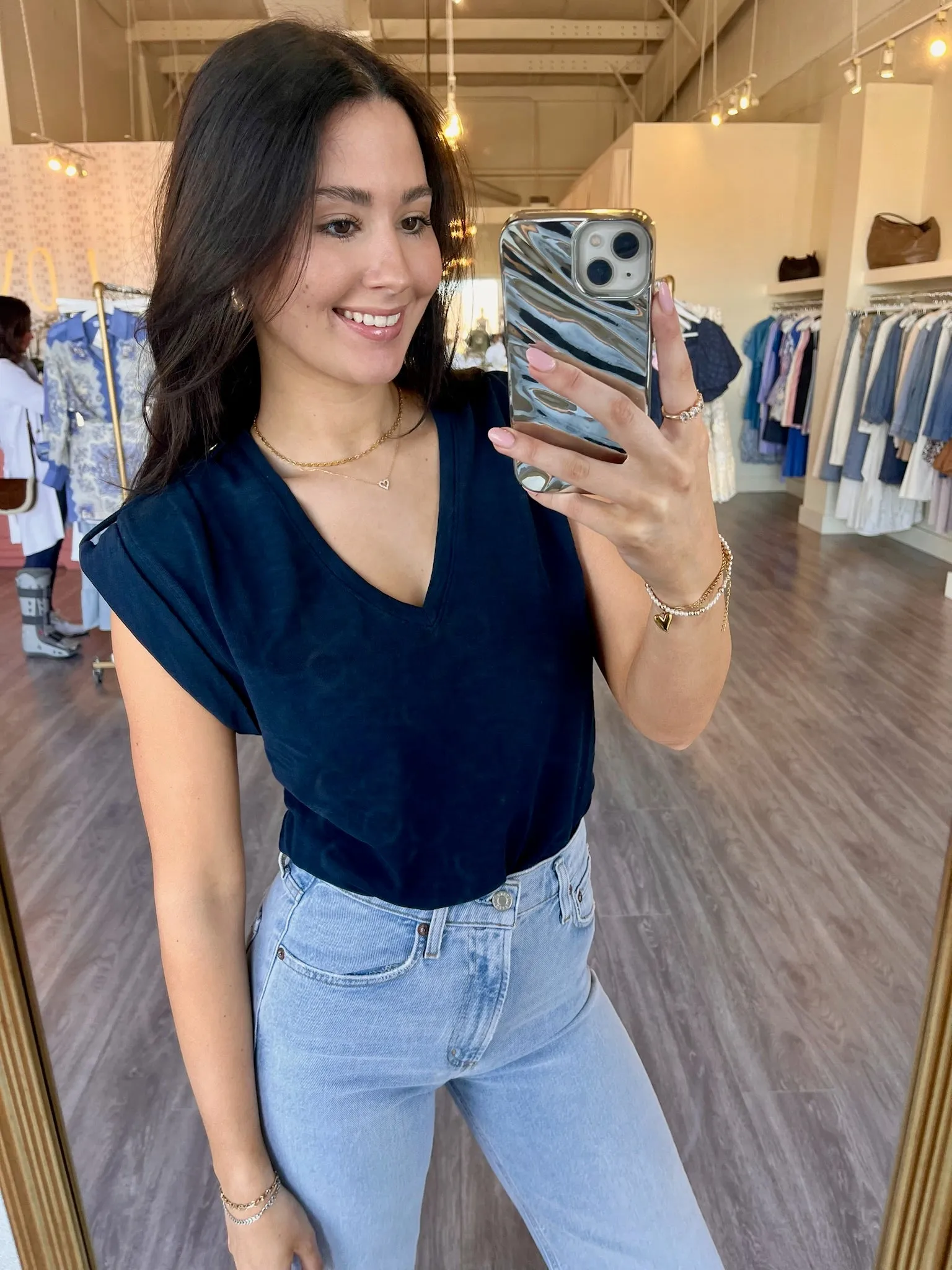 NA3217 Navy V Neck Top w/ Gold Button