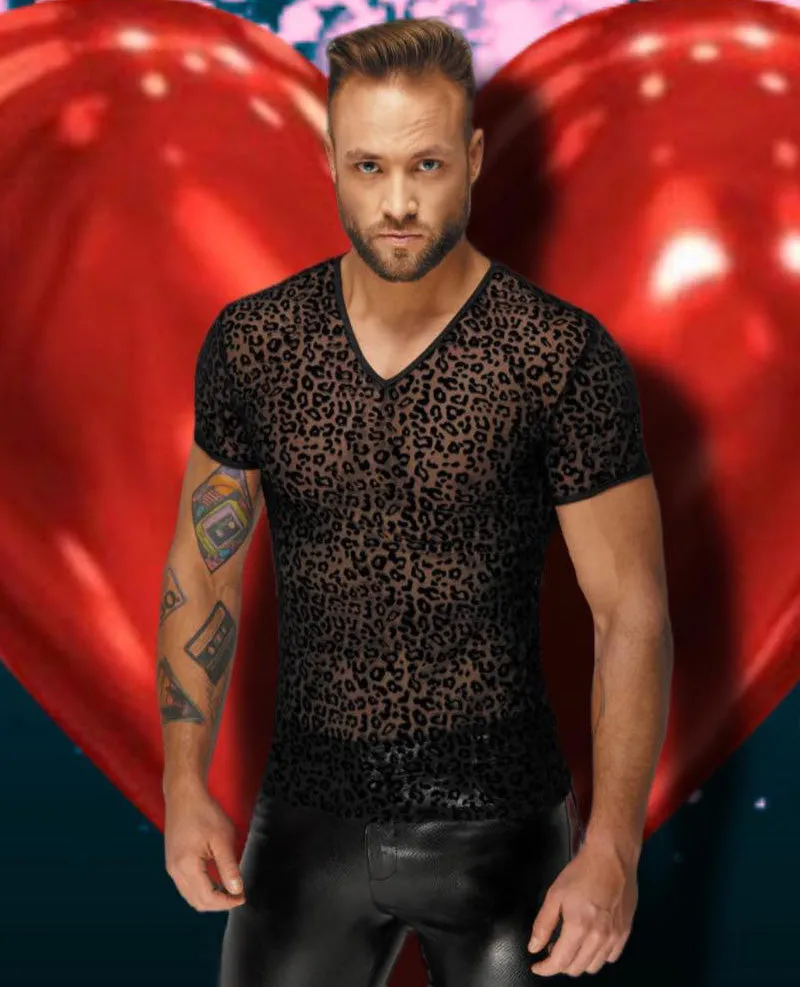 Noir Handmade Leopard Flock V-neck T-Shirt