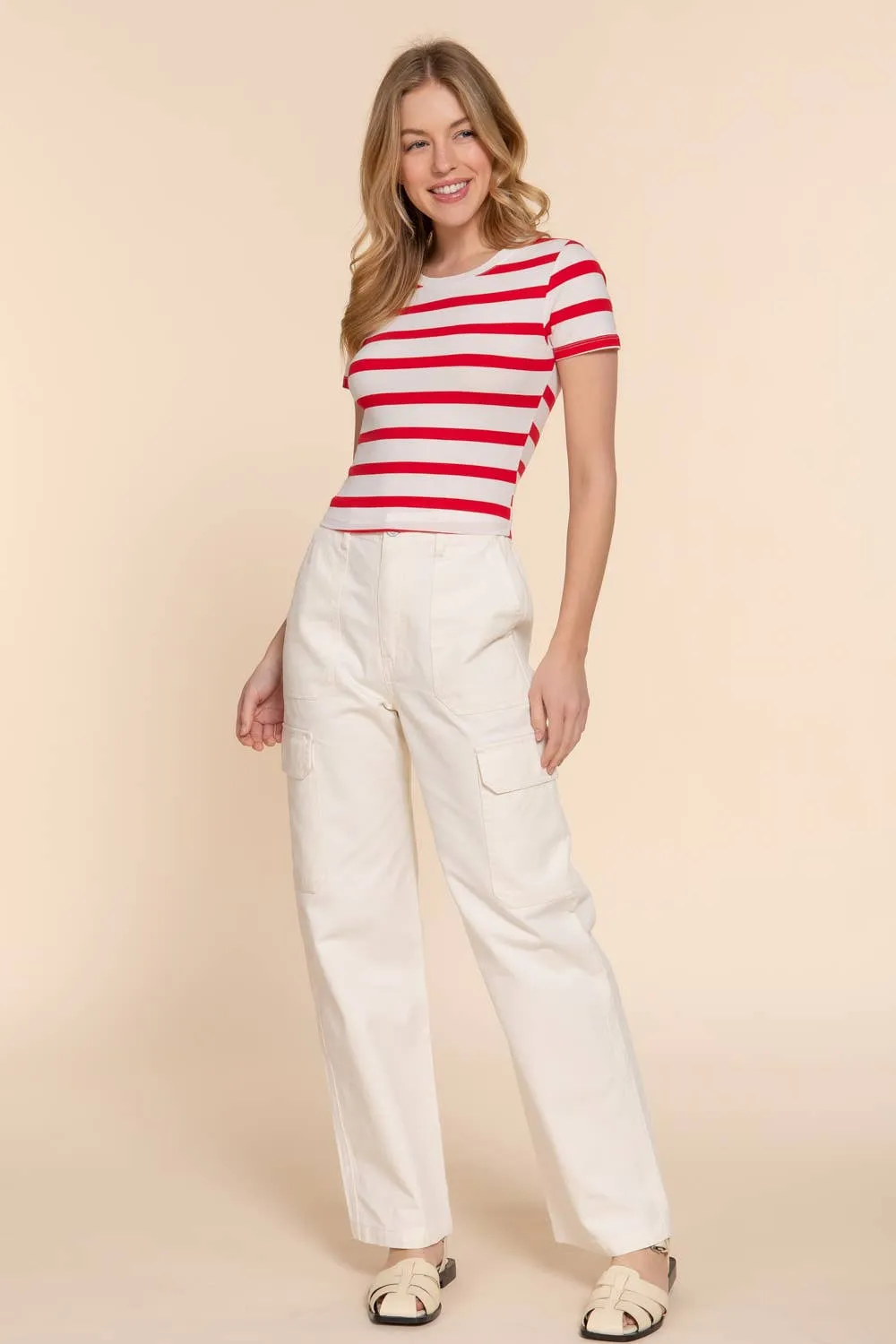 Off White Red Short Sleeve Crew Neck Y/D Stripe Knit Crop Top