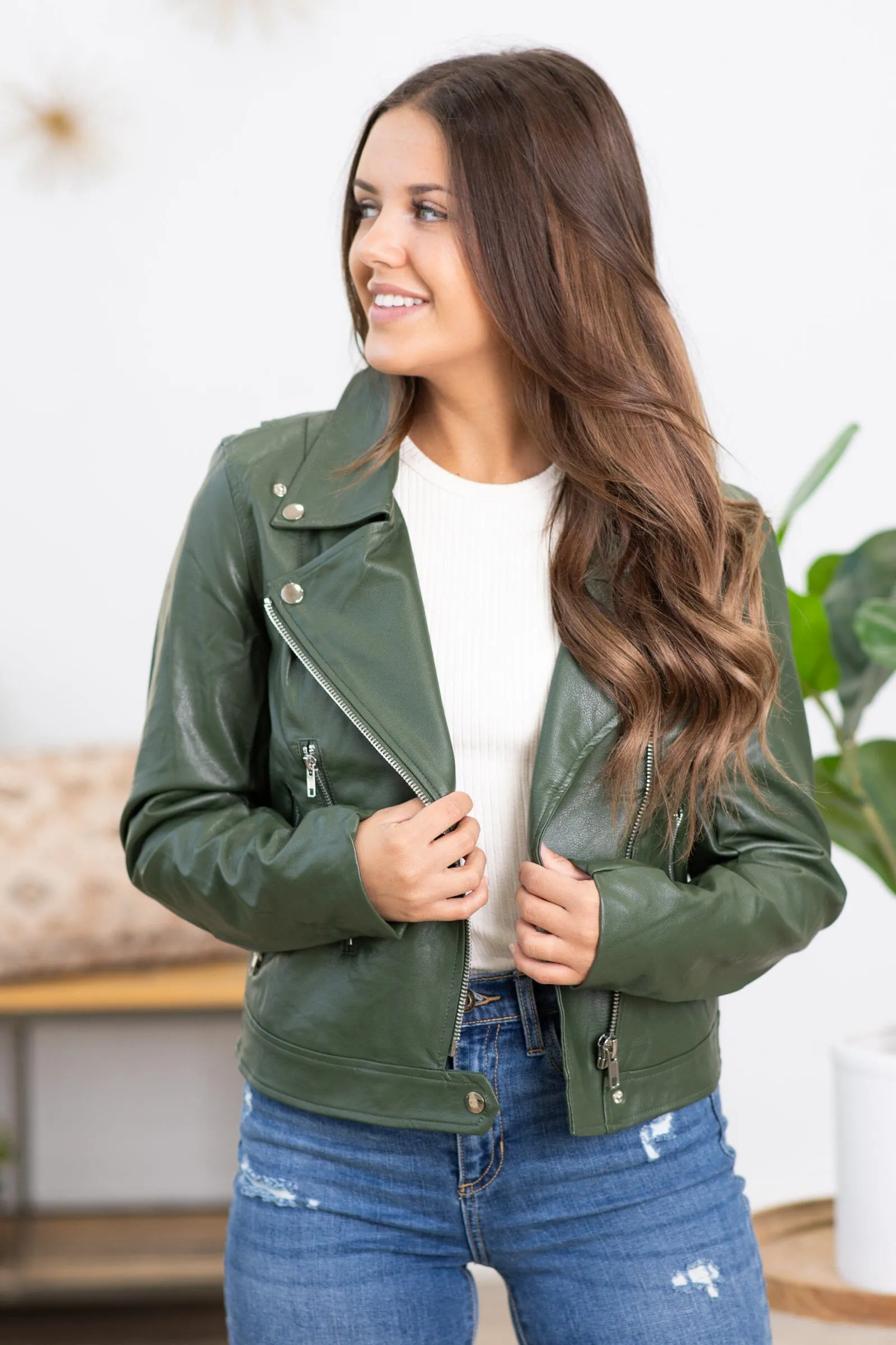 Olive Faux Leather Moto Jacket