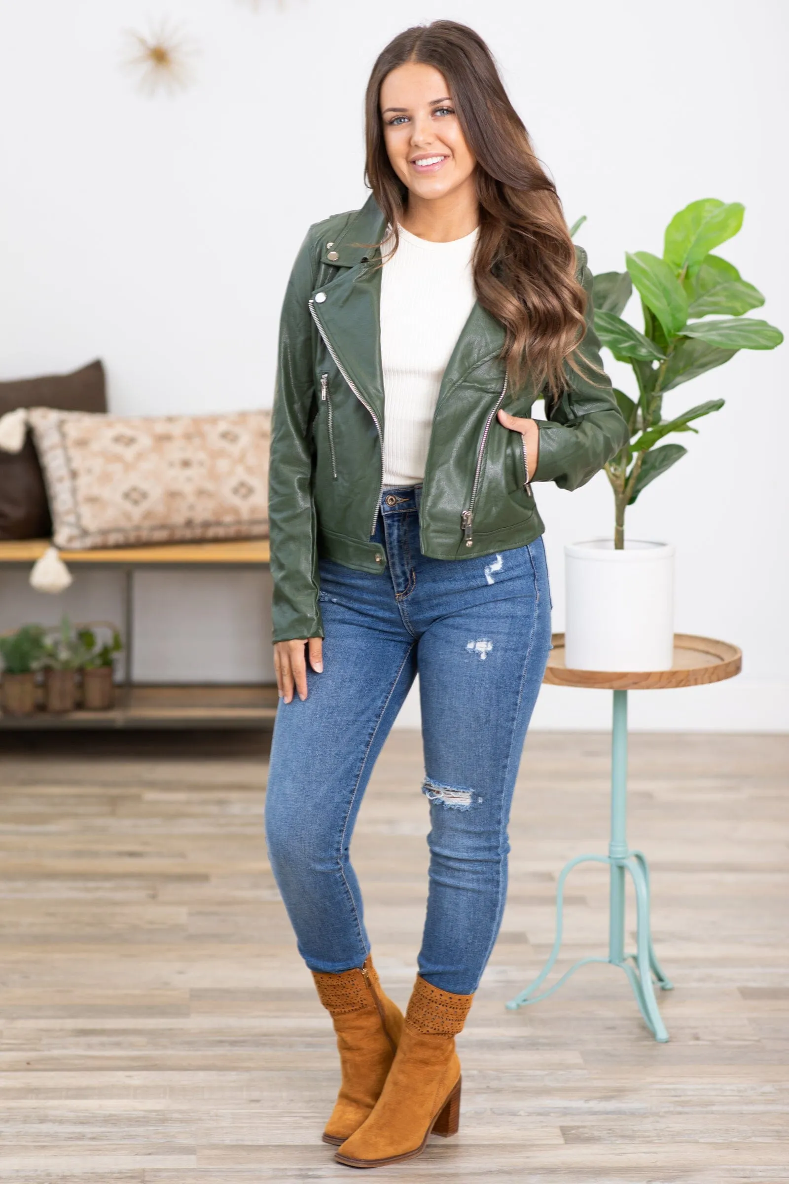Olive Faux Leather Moto Jacket
