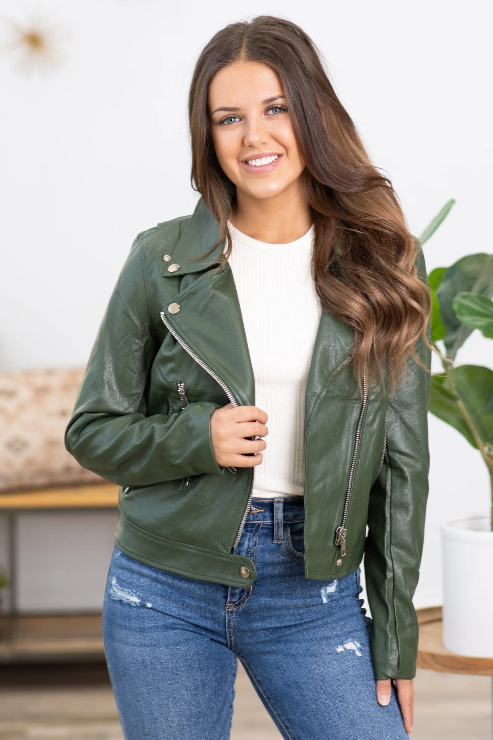 Olive Faux Leather Moto Jacket