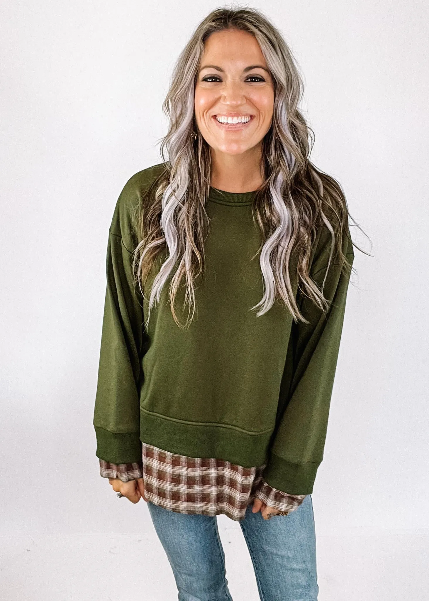 Olive Pullover with Plaid Back Detail