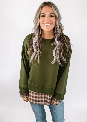 Olive Pullover with Plaid Back Detail