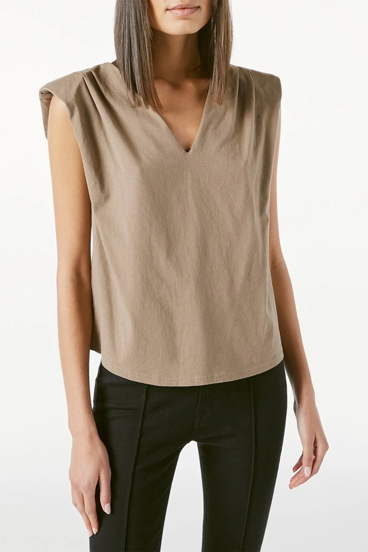Padded Shoulder V-Neck Top in Desert