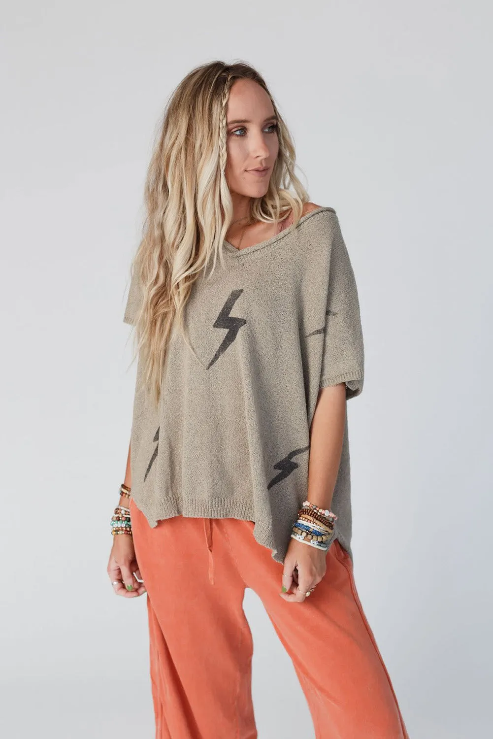 Parchment Lightening Graphic Dolman Sleeve V Neck Knitted Top