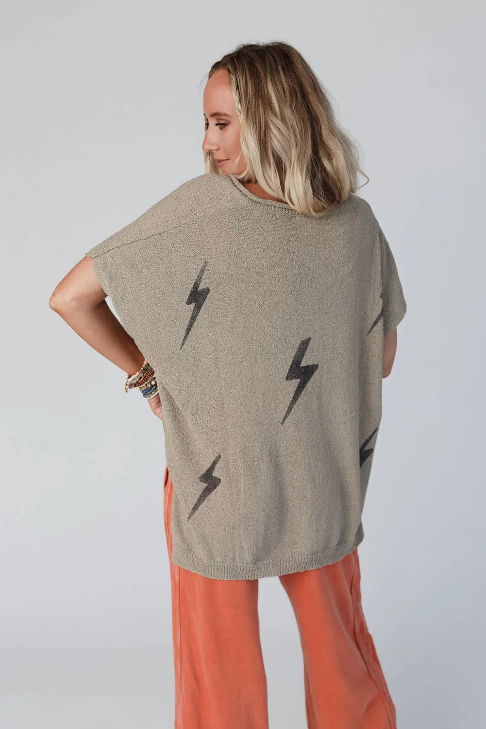 Parchment Lightening Graphic Dolman Sleeve V Neck Knitted Top