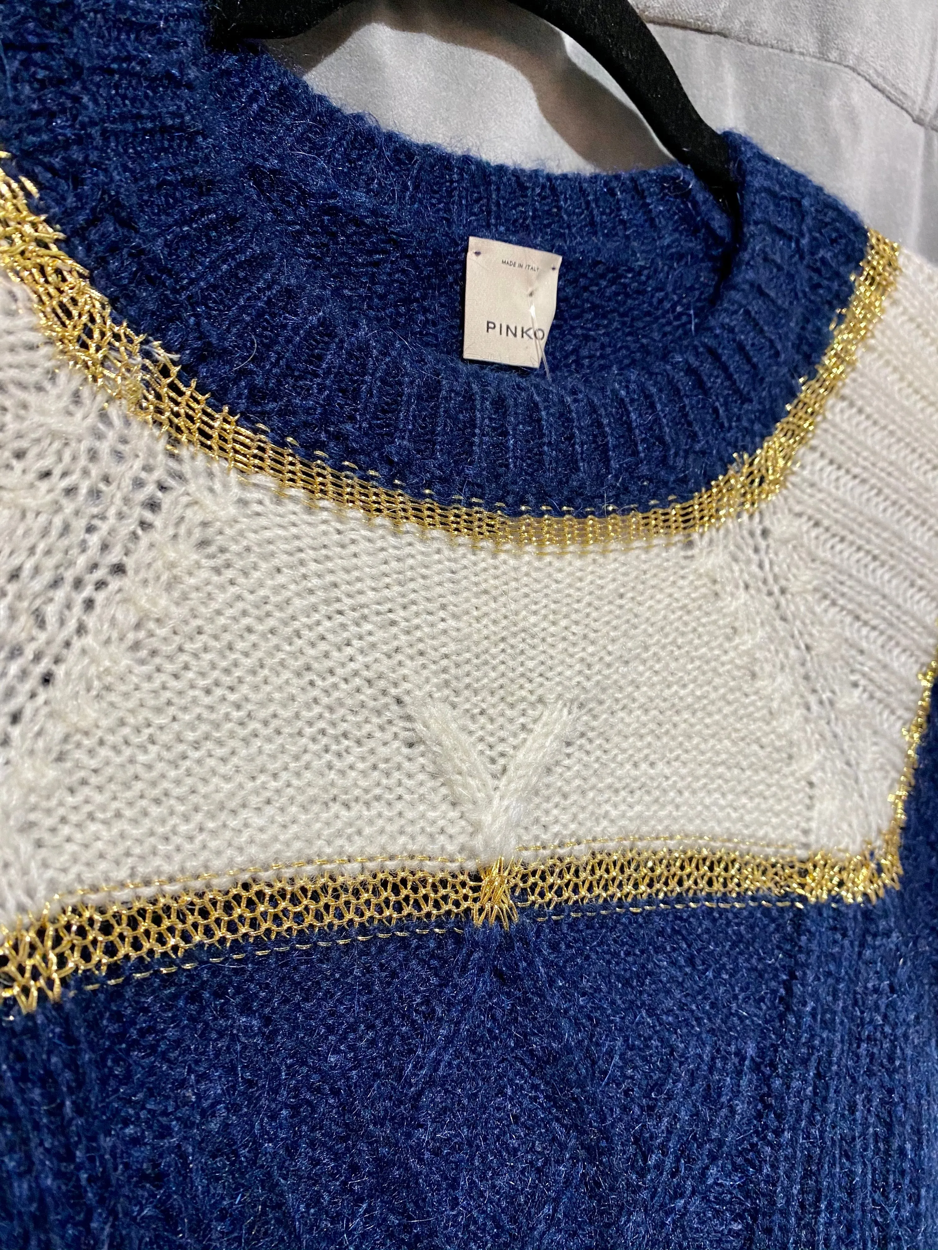 Pinko Cream and Navy Striped Sweater with Gold Lurex