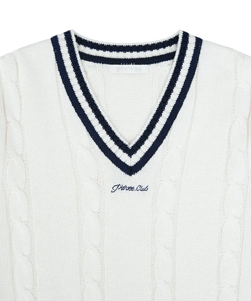 PIV'VEE Cable Knit V-Neck Sweater - Cloud White