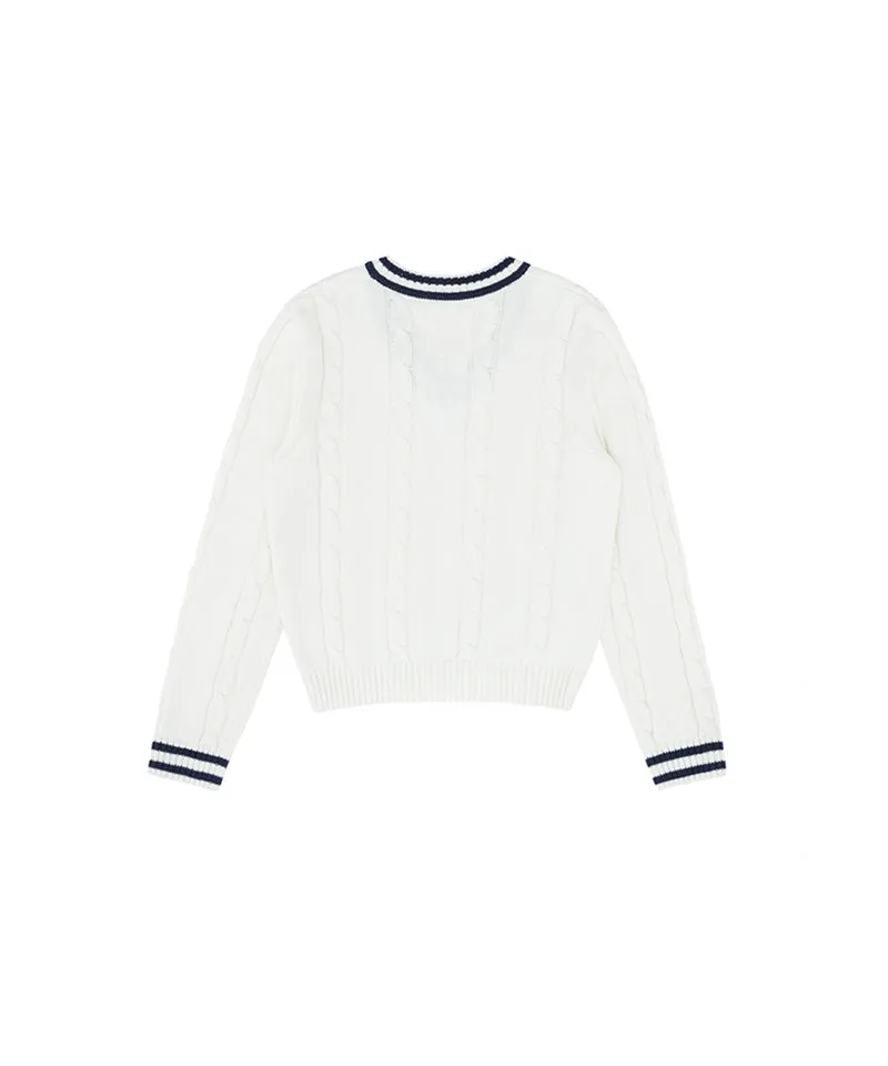PIV'VEE Cable Knit V-Neck Sweater - Cloud White