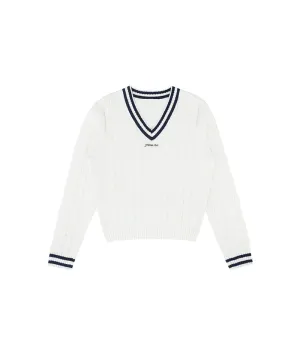 PIV'VEE Cable Knit V-Neck Sweater - Cloud White