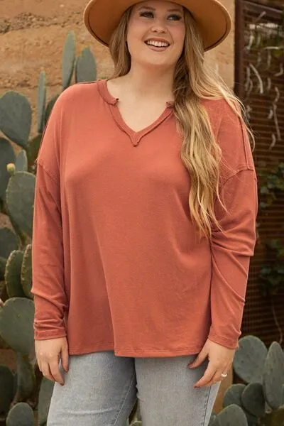 Plus Size Notched Long Sleeve V Neck T-Shirt