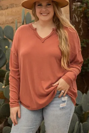Plus Size Notched Long Sleeve V Neck T-Shirt