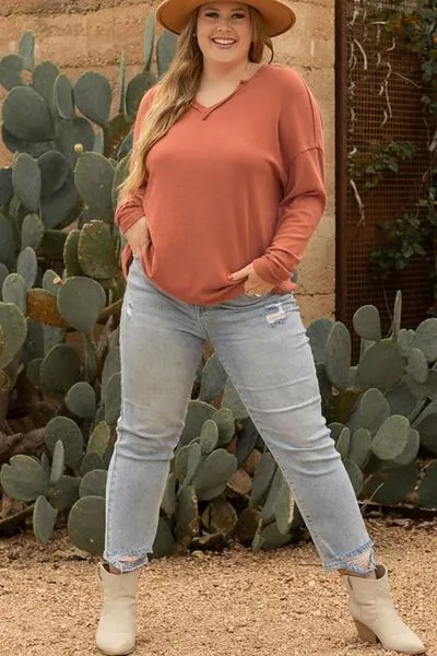 Plus Size Notched Long Sleeve V Neck T-Shirt