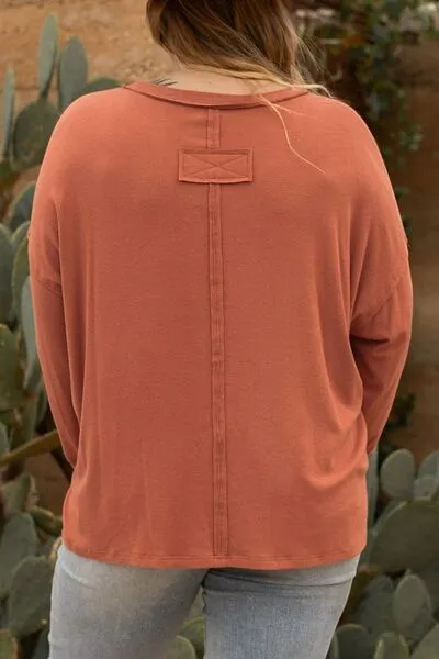 Plus Size Notched Long Sleeve V Neck T-Shirt
