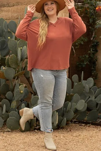 Plus Size Notched Long Sleeve V Neck T-Shirt
