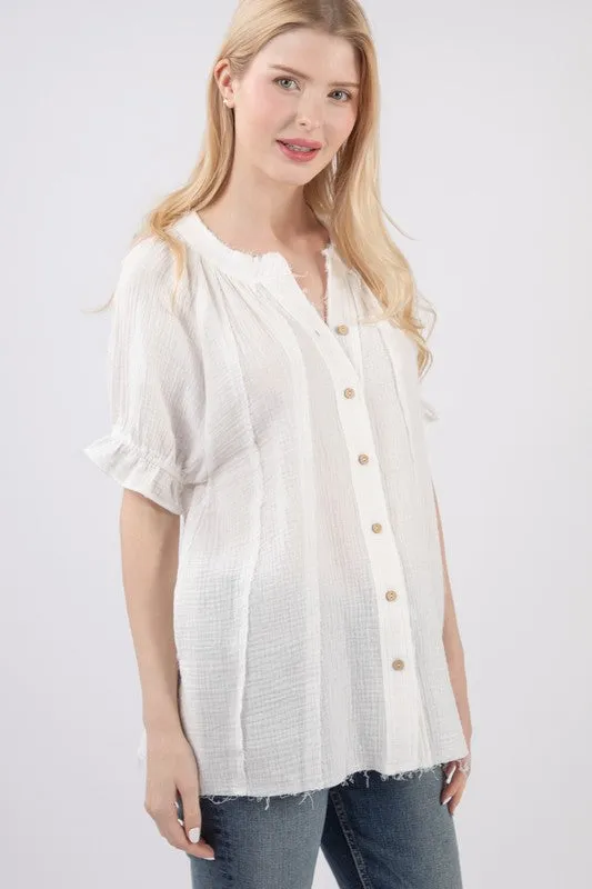 PLUS SIZE Puff Sleeve Cotton Gauze Shirts B