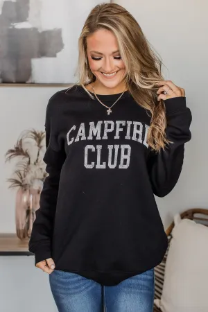 "Campfire Club" Graphic Crew Neck Pullover- Black