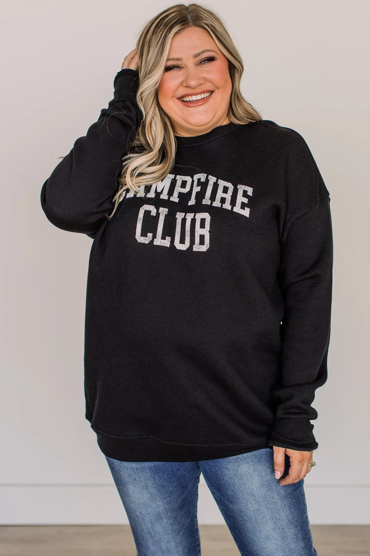 "Campfire Club" Graphic Crew Neck Pullover- Black