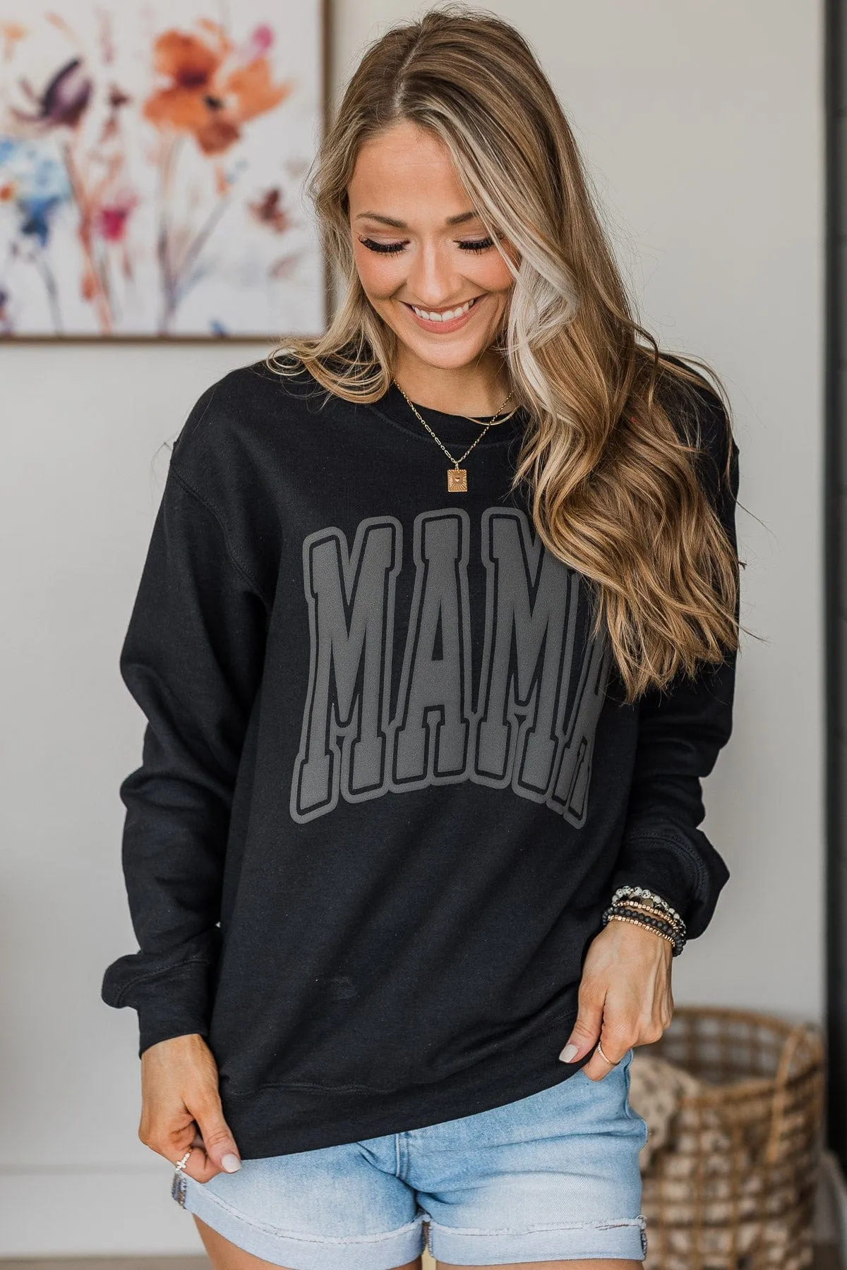 "Mama" Varsity Crew Neck Pullover- Black