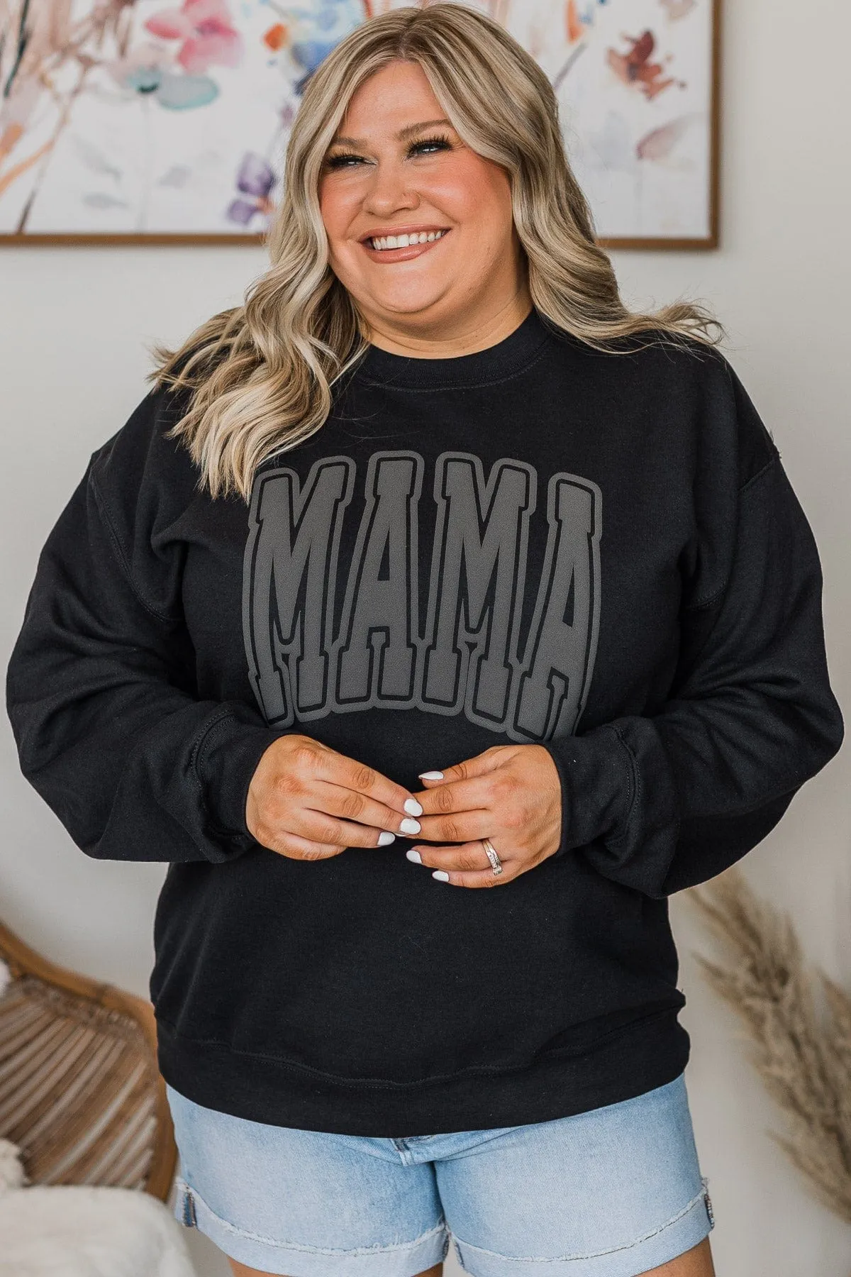 "Mama" Varsity Crew Neck Pullover- Black