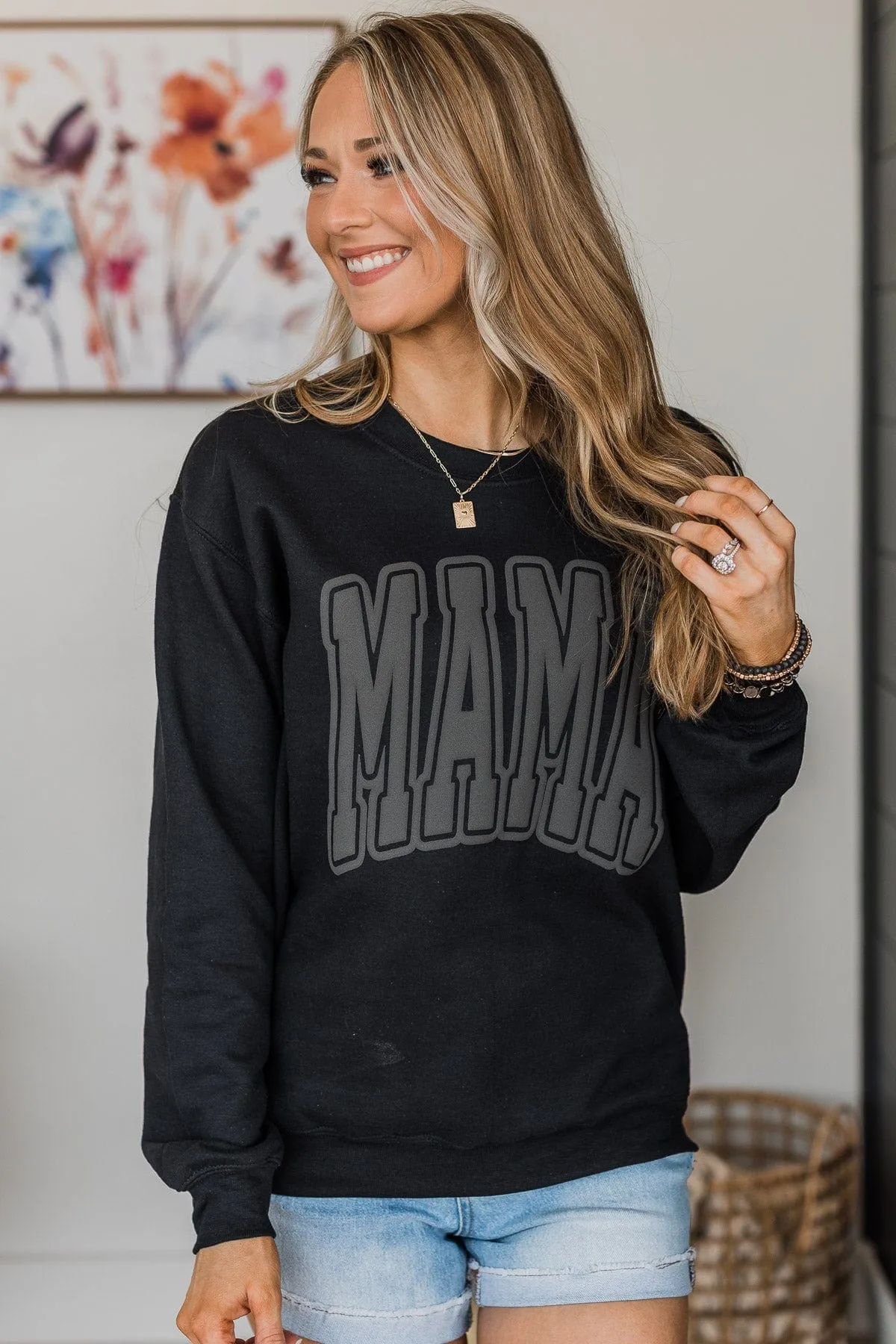 "Mama" Varsity Crew Neck Pullover- Black