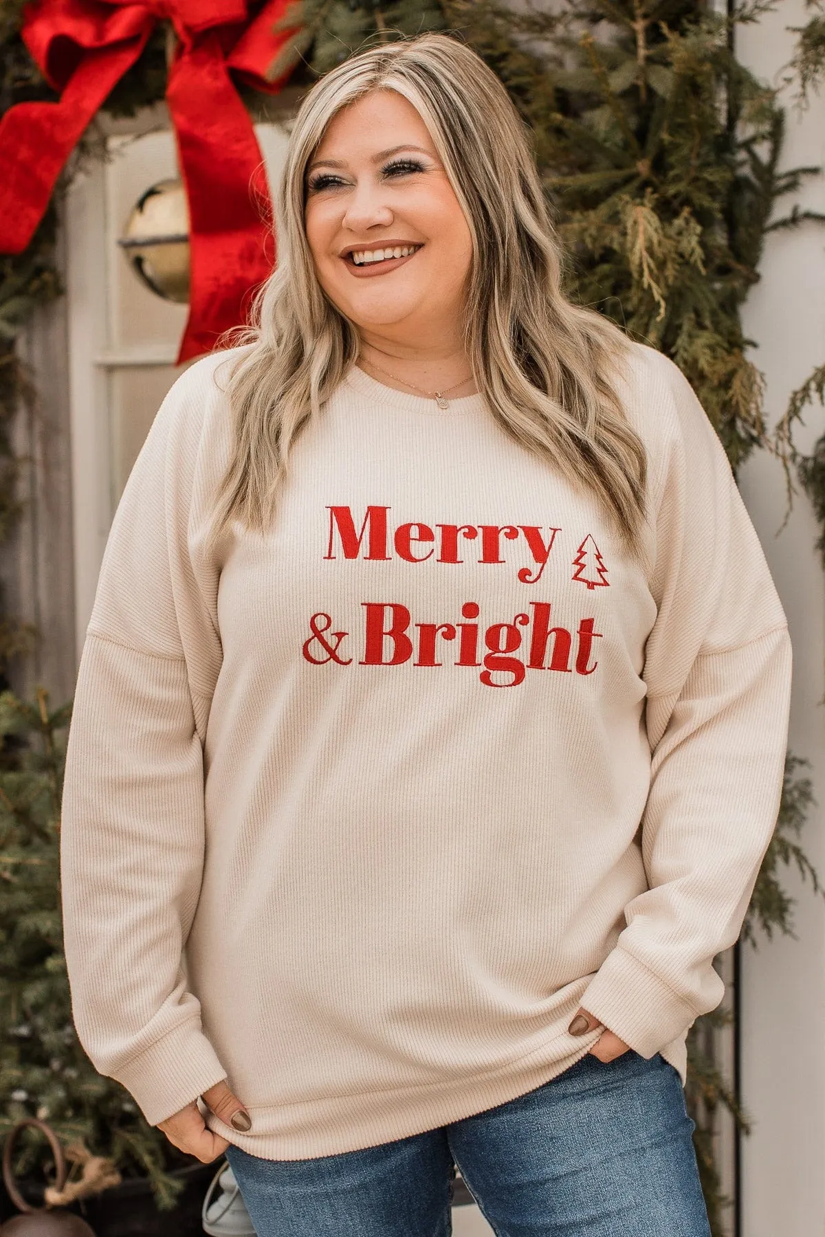 "Merry & Bright" Corduroy Knit Crew Neck- Cream