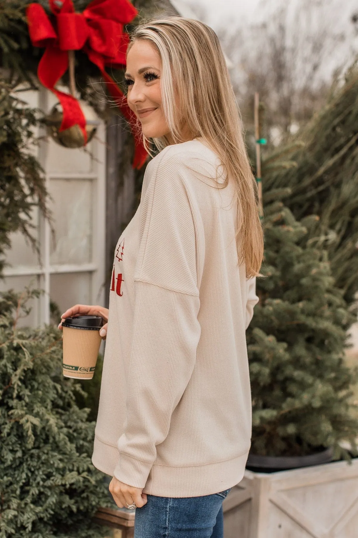"Merry & Bright" Corduroy Knit Crew Neck- Cream