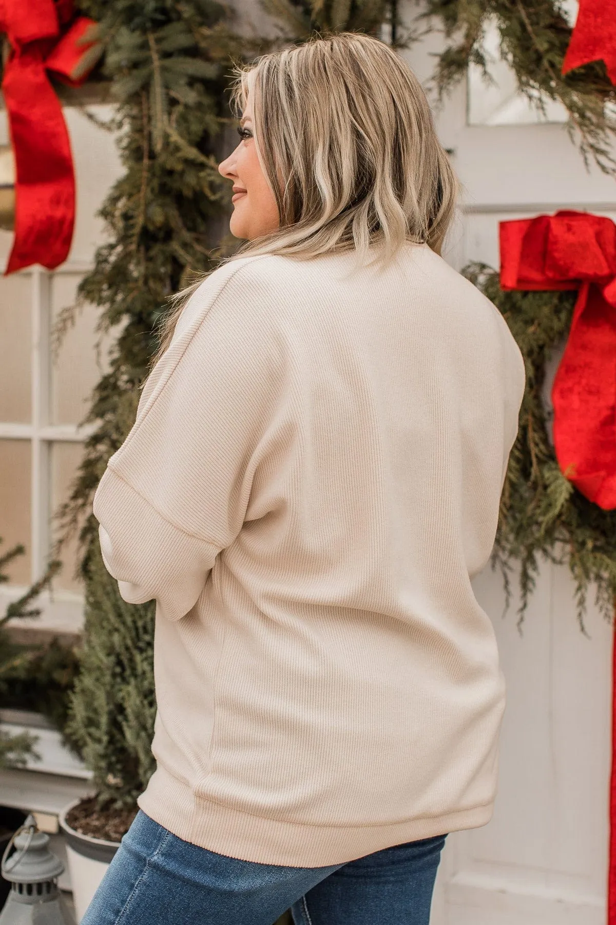 "Merry & Bright" Corduroy Knit Crew Neck- Cream