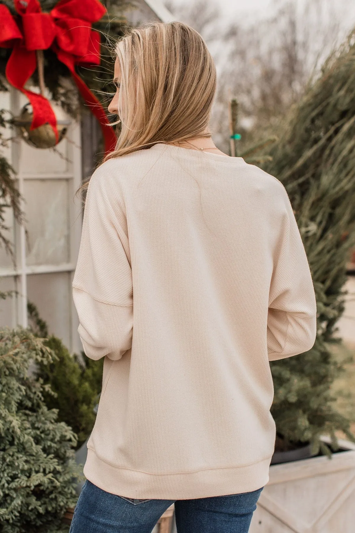 "Merry & Bright" Corduroy Knit Crew Neck- Cream