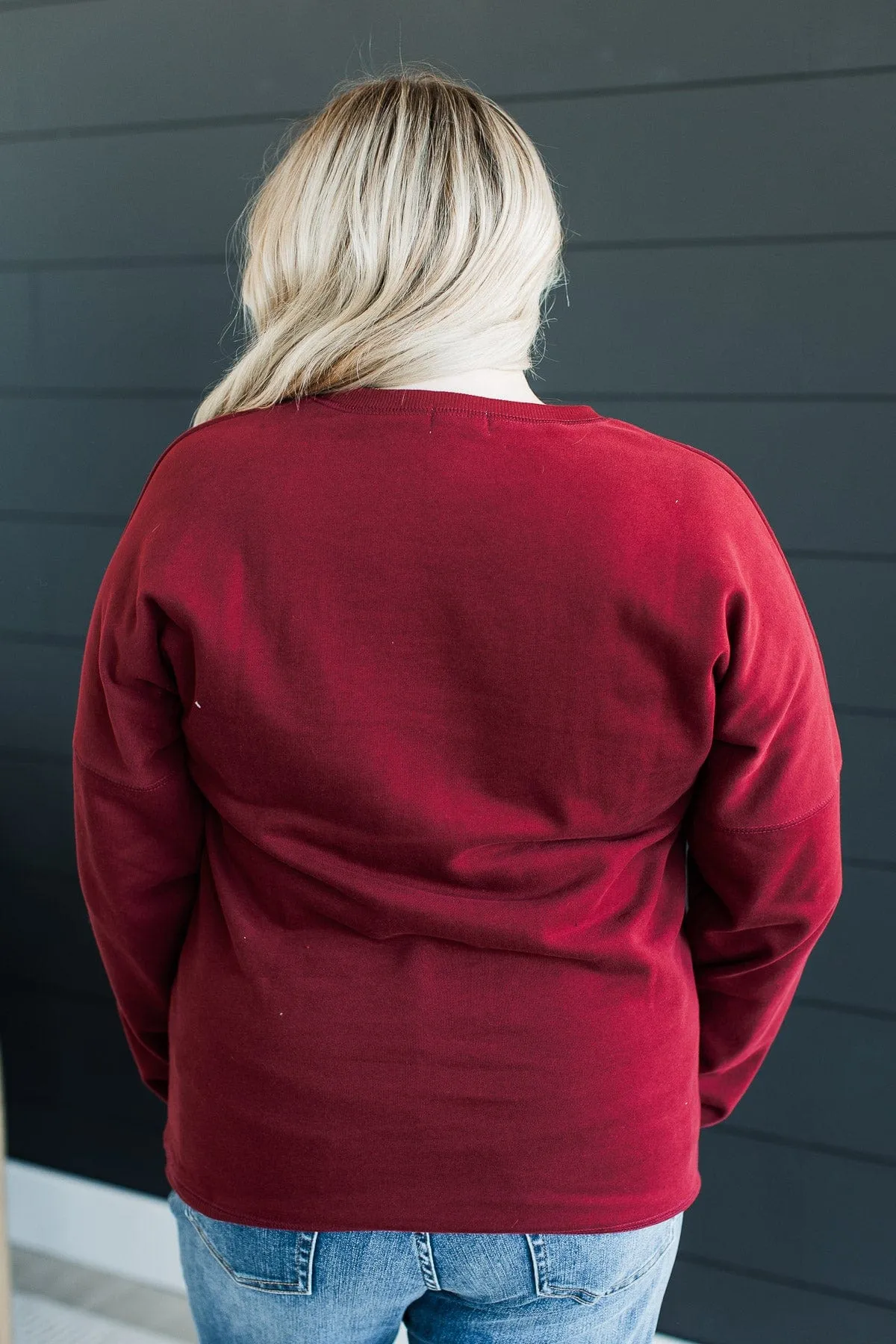 "Merry" Embroidered Crew Neck Pullover- Wine