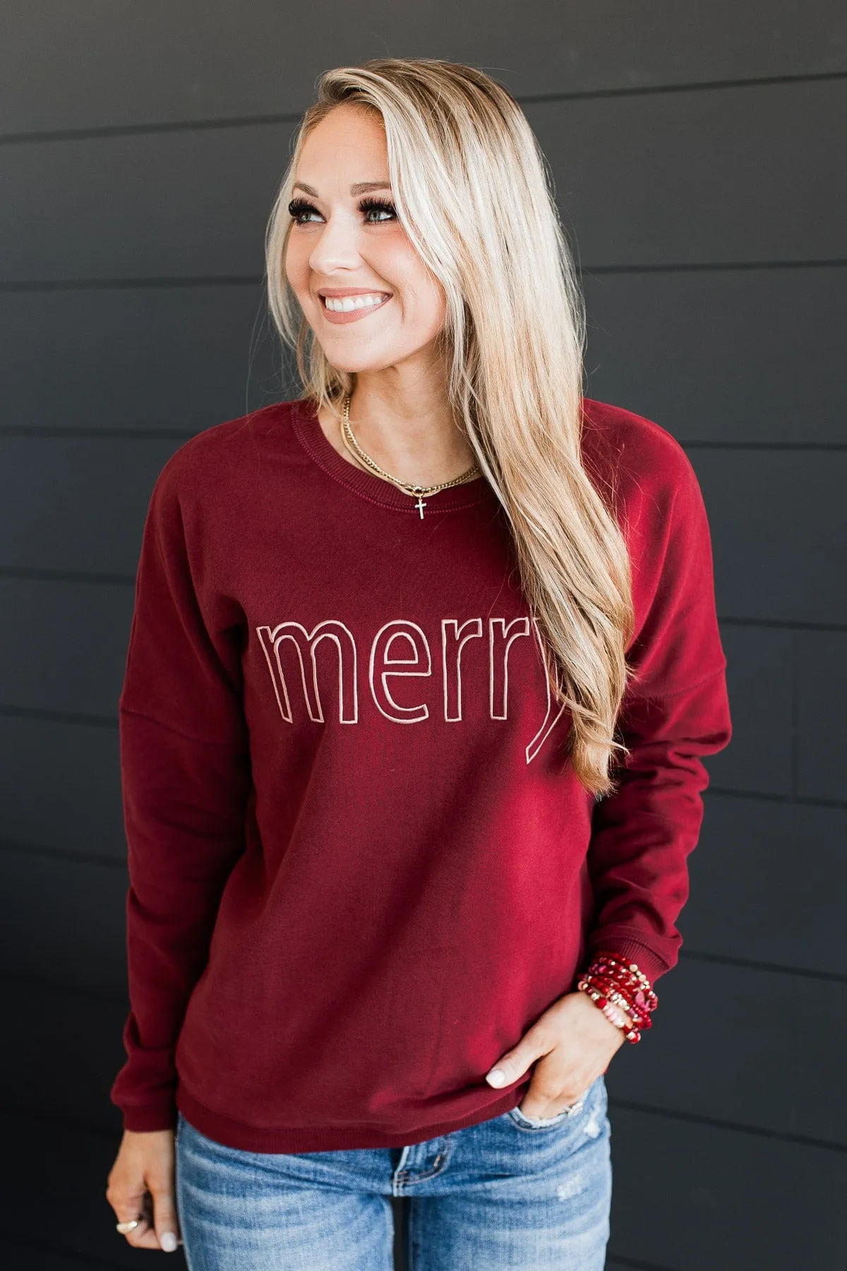 "Merry" Embroidered Crew Neck Pullover- Wine