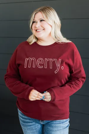 "Merry" Embroidered Crew Neck Pullover- Wine