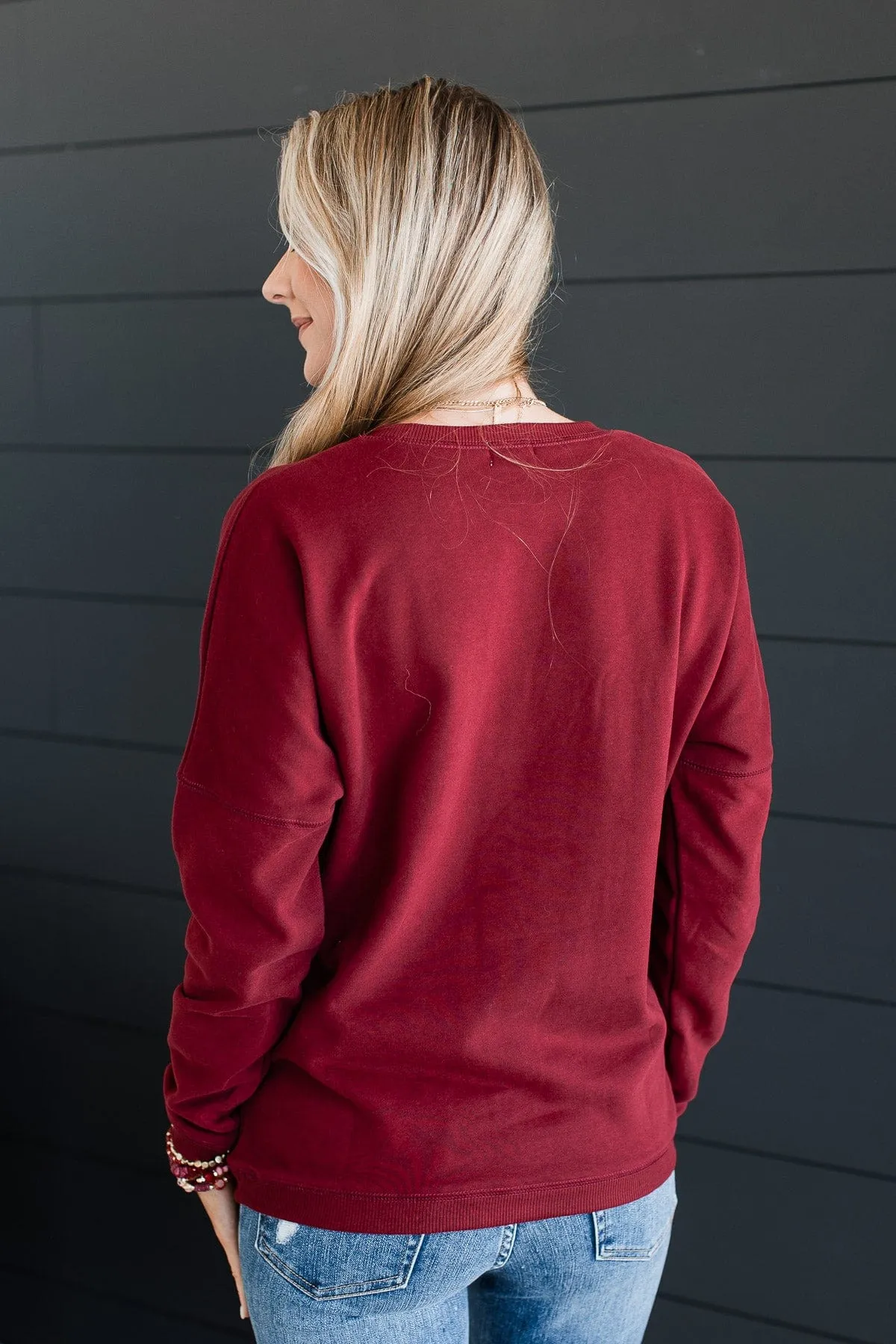 "Merry" Embroidered Crew Neck Pullover- Wine