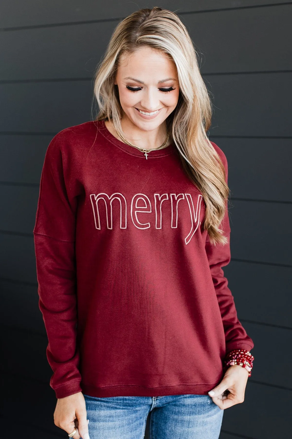 "Merry" Embroidered Crew Neck Pullover- Wine