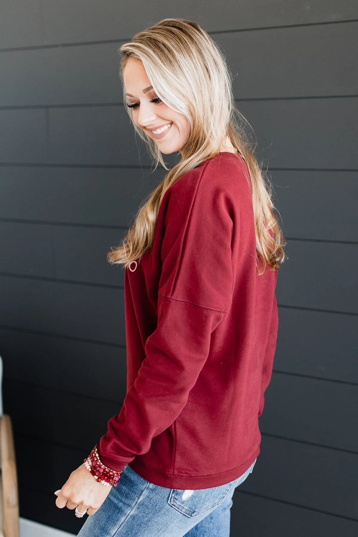 "Merry" Embroidered Crew Neck Pullover- Wine
