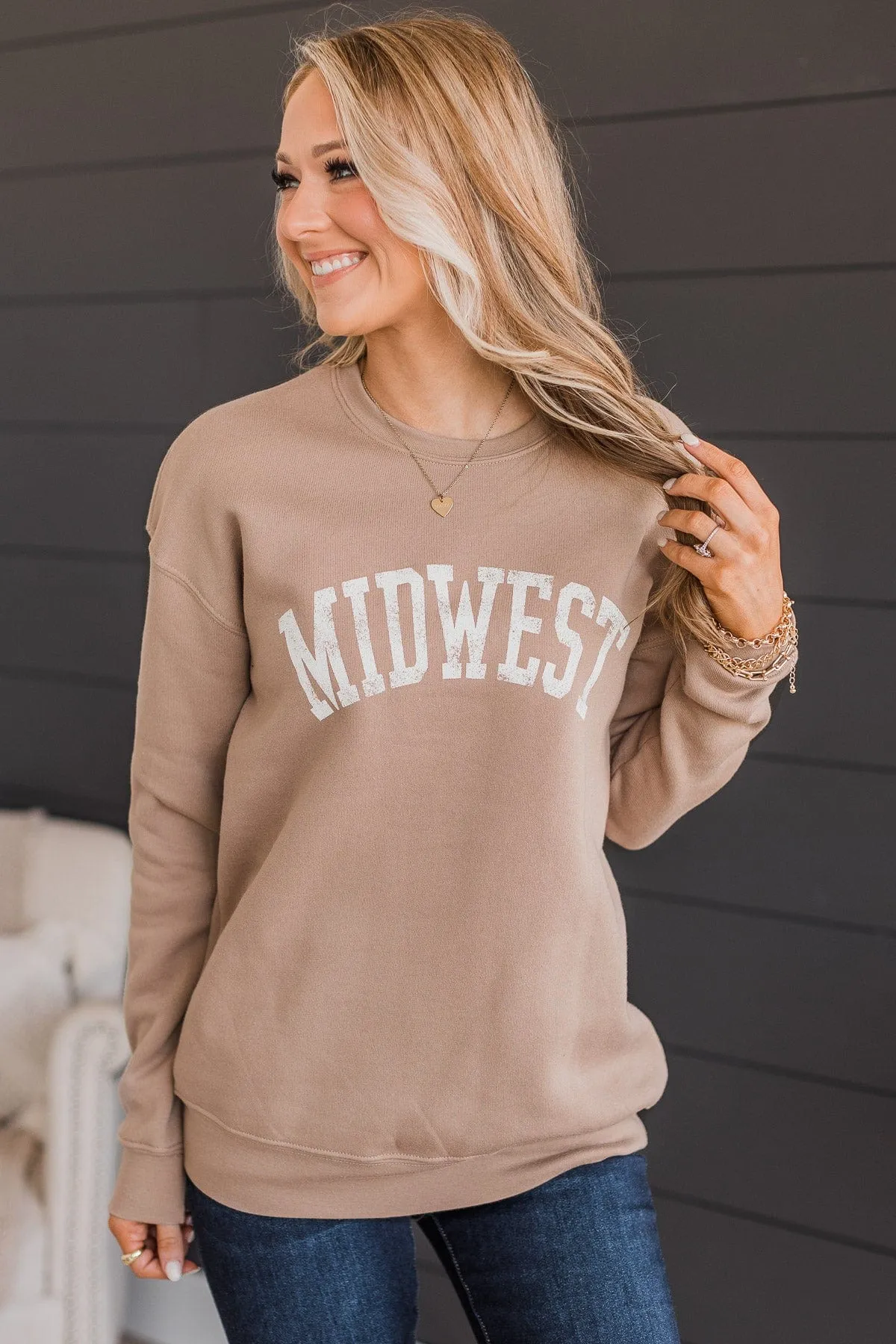 "Midwest" Graphic Crew Neck Pullover- Taupe