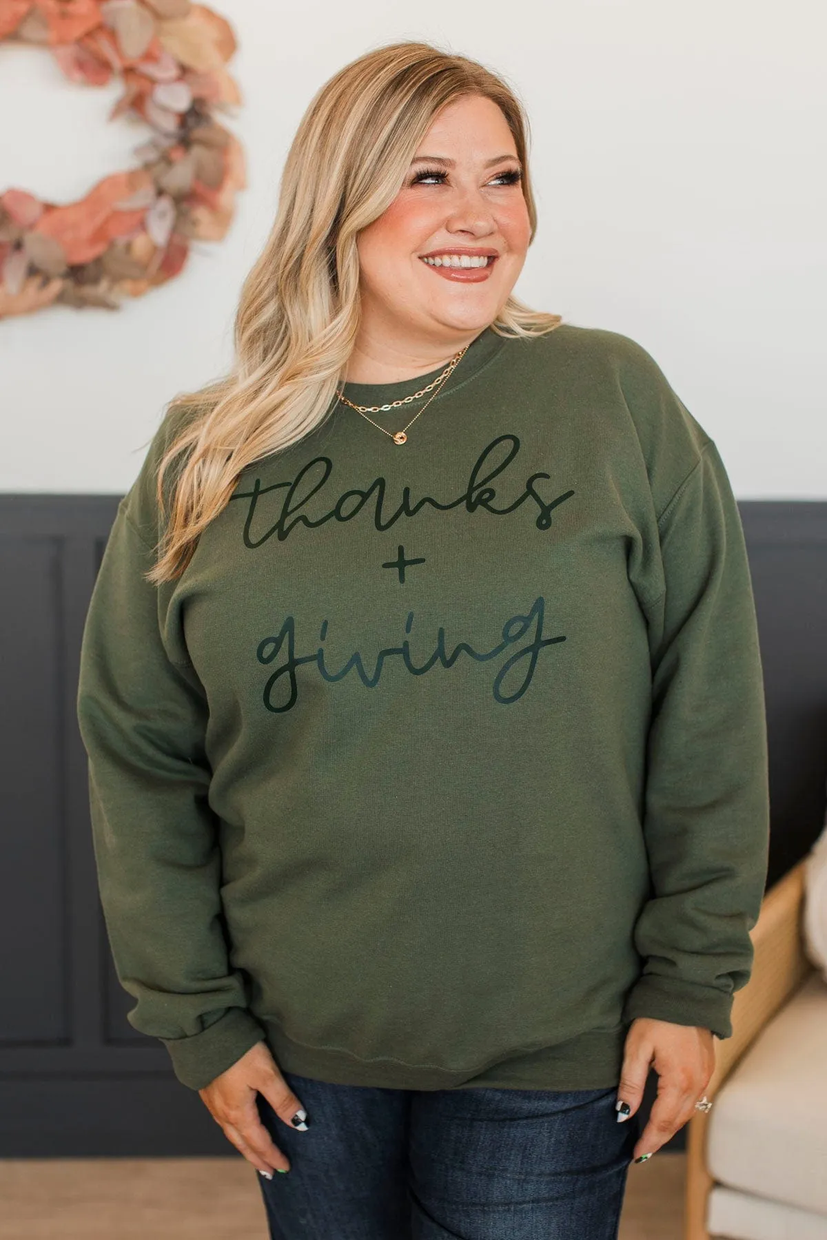 "Thanks   Giving" Crew Neck Pullover- Olive