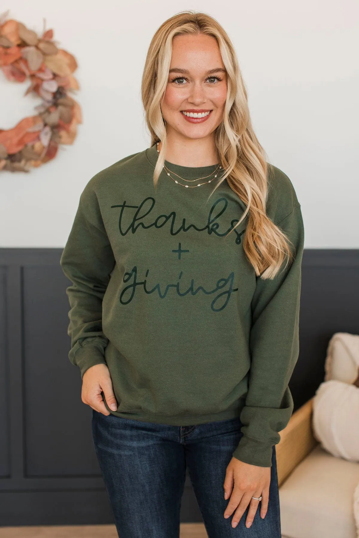 "Thanks   Giving" Crew Neck Pullover- Olive