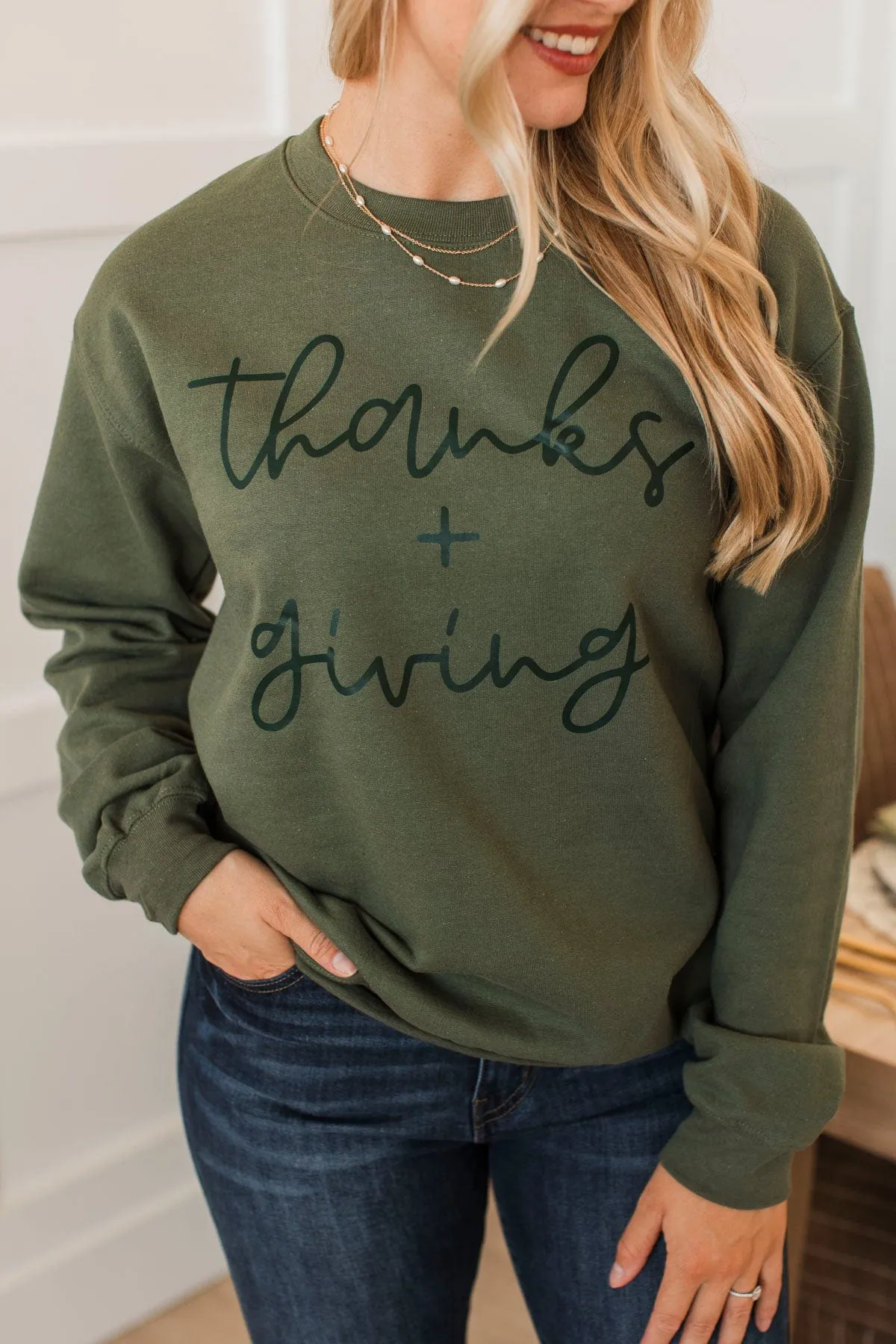 "Thanks   Giving" Crew Neck Pullover- Olive