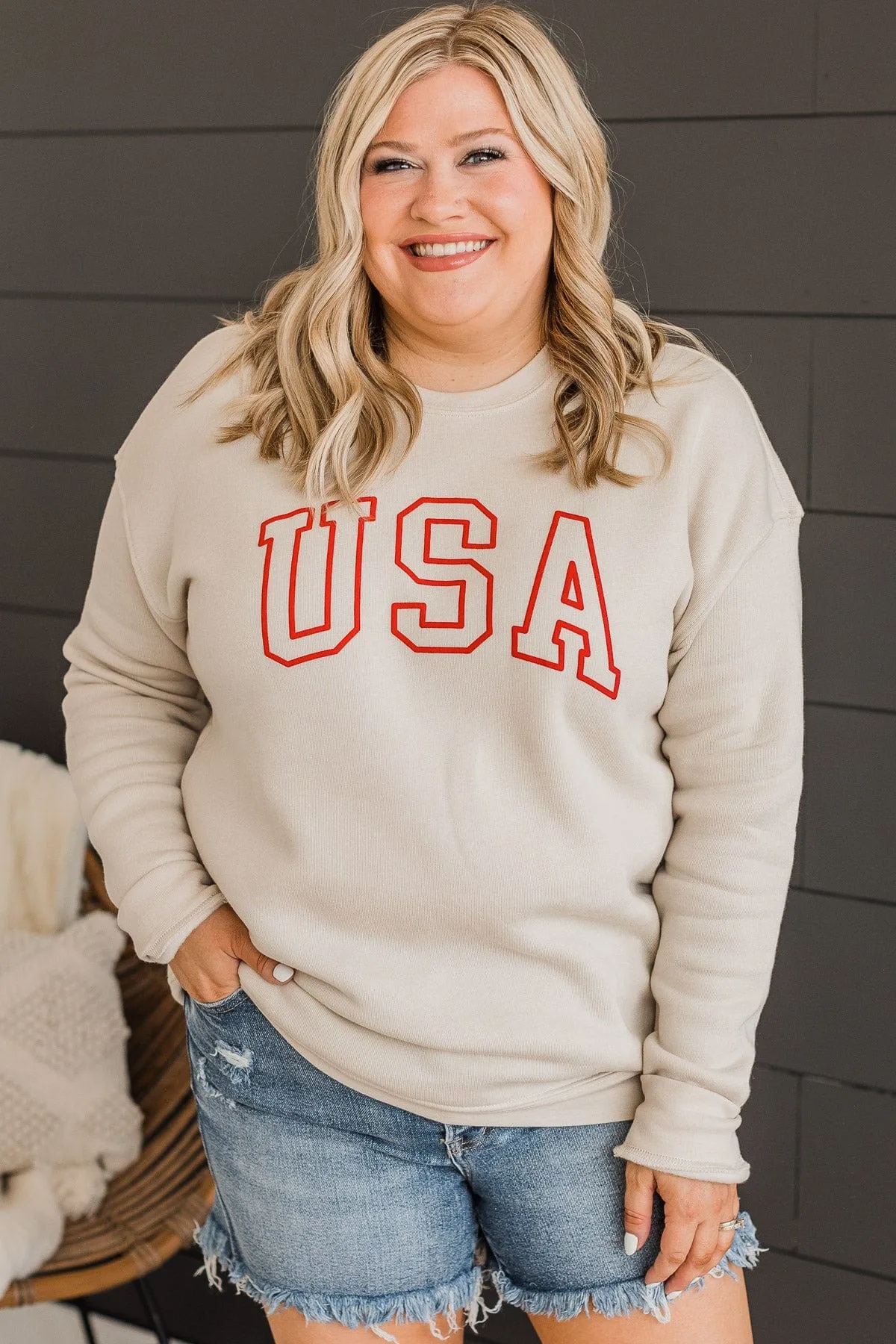 "USA" Crew Neck Pullover- Beige