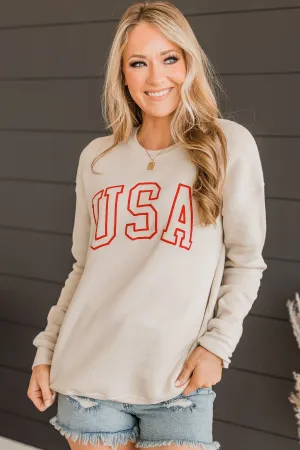 "USA" Crew Neck Pullover- Beige